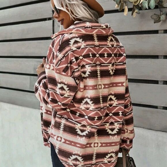 Geo Pattern Drop Shoulder Fleece Coat - Picture 2 of 8